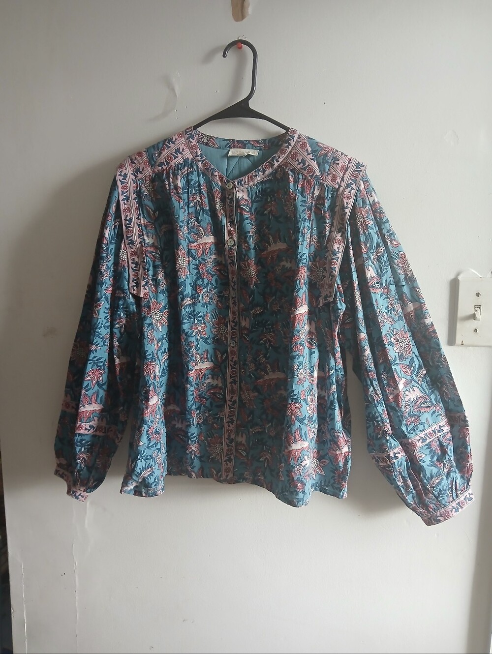 Teal Floral Long-Sleeve Button-Front Peasant Blouse
